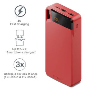 Cygnett ChargeUp Boost 4th Gen 20K mAh Power Bank -Red(CY4753PBCHE)Triple Port(Dual USB-A 15W + 1xUSB-C 15W)