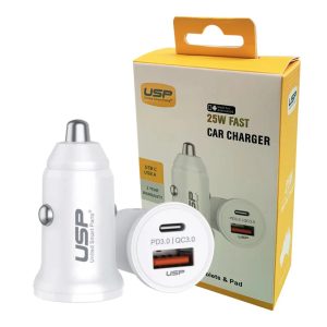USP 25W Dual Port (USB-C 25W PD + USB-A 18W QC3.0) Fast Car Charger White - Dual USB Quick Charge