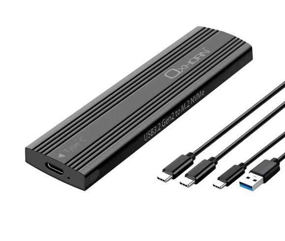 Oxhorn USB C 3.2 Gen 2 M.2 NVMe NGFF Enclosure 10 Gbps B+M Key M.2 NVMe SSD up to 4TB 2280/2260/2242/2230 Aluminum Macs Windows USB-A Black 2 YR WTY – Just You PC NAO-UM-311B Power Adaptors Product Image