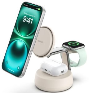 Belkin UltraCharge Pro 3-in-1 Wireless Qi2 Charging Dock + 45W USB-C PSU + USB-C Cable (1.5M) - White (WIZ040auSD)
