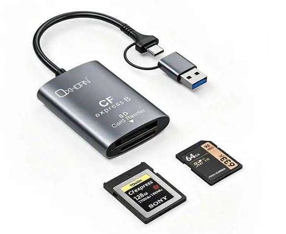 Oxhorn USB 3.2 Gen 2 10Gbps CF Express B and SD Card-reader Aluminum USB-C 3.2 USB-A 3.2 lightweight Plug-and-play Silver – Just You PC CBO-AD-CR322 USB