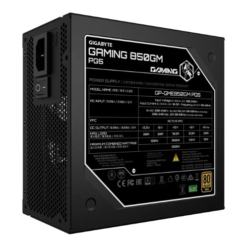 GIGABYTE GAMING 850GM PG5 850W 80+ Gold ATX3.1 PCIe5 16pin APFC 90% 135mm FDB 2xEPS 4xPCIe 8xSATA OVP OPP SCP UVP OCP OTP 100k MTBF FM – Gigabyte CFGP-GME850GMPG5 ATX/PS2 Product Image