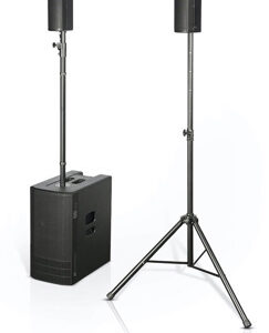 DB Technologies Bi-amped system. 2x tops with 4x 4” full-range speakers. 2 x 12” active subwoofer.