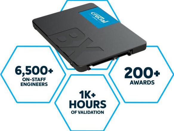 Crucial BX500 500GB 2.5' SATA3 6Gb/s SSD - 3D NAND 550/500MB/s 7mm 1.5 mil MTBF 3yr wty Acronis True Image Solid State Drive >480GB – Micron (Crucial)-P HBC-BX500-500G-P 2.5' SATA SSD Product Image