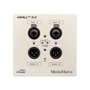 Media Matrix sWALL™ 2x2 DANTE wall plate. 2 Mic/Line input and 2 Line output. PoE. WHITE